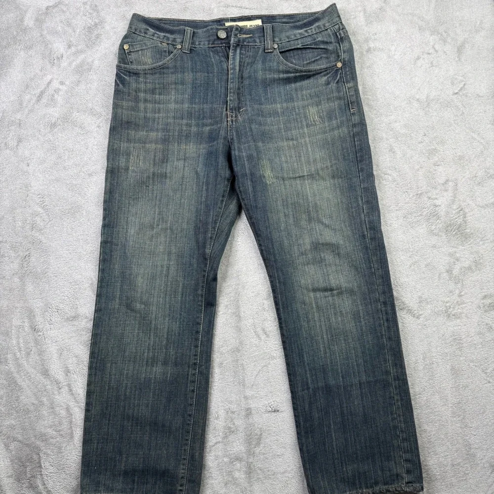 BASIC CODE JEANS Mens W34‎ L30 Blue Denim Straight Leg Distressed Style Jeans